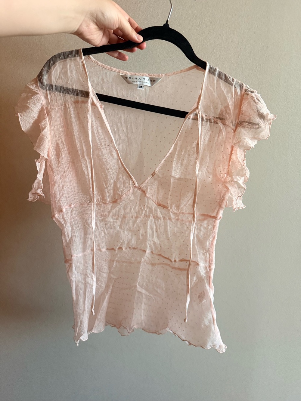 Trina Turk Sheer Blush Pink Ruffle Sleeve V-Neck Top 100% silk